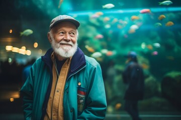 Environmental portrait photography of a happy old man wearing a lightweight windbreaker against a vibrant aquarium background. With generative AI technology