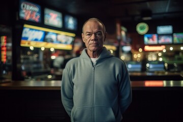 Medium shot portrait photography of a glad mature man wearing soft sweatpants against a lively sports bar background. With generative AI technology