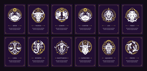 Astrology zodiac symbol esoteric horoscope vintage poster ornament design template set vector - obrazy, fototapety, plakaty