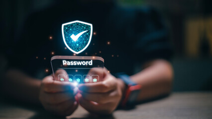 businesswomen protect personal information cybersecurity concept. User authentication system with username and password, global network security technology,