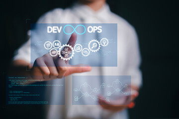 Agile programming and DevOps concept. Engineer working the virtual screen. IT operations, high...