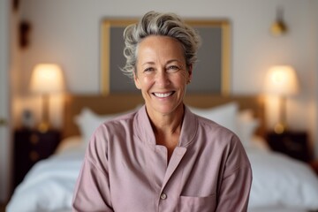 Medium shot portrait photography of a grinning mature woman wearing a comfortable tracksuit against a cozy bed and breakfast background. With generative AI technology
