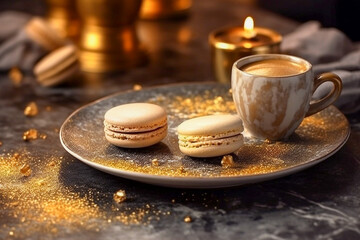 Tasty macaroons on a stone table with golden glitter. Super photo realistic background, generative ai illustration