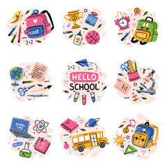 School Supply Composition with Backpack, Bus, Globe, Laptop and Cup Award Vector Set