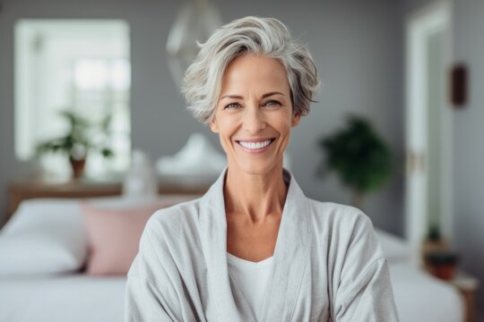 Medium shot portrait photography of a grinning mature woman wearing a comfortable tracksuit against a cozy bed and breakfast background. With generative AI technology