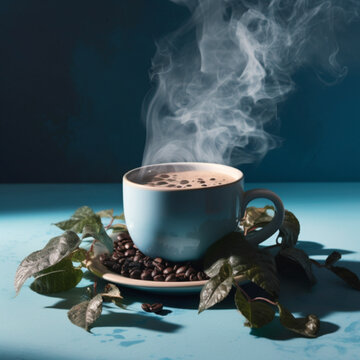 Taza de caf&eacute; caliente en fondo azul