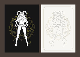 Fototapeta premium Aries zodiac mythology woman goddess celestial lunar calendar line art deco poster design set vector