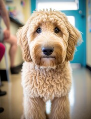 close up portrait of a Frightened goldendoodle in the veterinarian office. Waiting for vaccination. AI generative