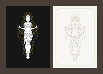 Virgo zodiac antique woman goddess celestial prediction line art deco poster design set vector