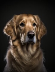 close up portrait of a cute golden retriever in the studio. AI generative