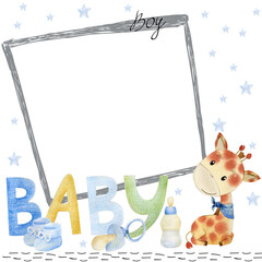 Watercolor baby shower for boy. Cute hand drawn frame with baby elements.
