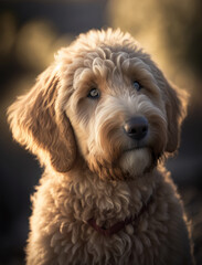 close up portrait of a cute goldendoodle outdoor on the nature. AI generative