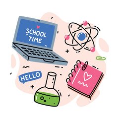 School Supply with Laptop, Notepad, Flask and Chemical Molecule Vector Composition