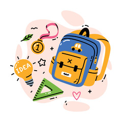 School Supply with Backpack, Ruler, Lightbulb and Medal Vector Composition