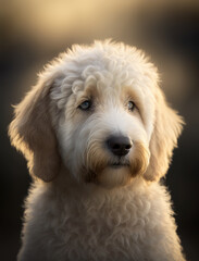 close up portrait of a cute goldendoodle outdoor on the nature. AI generative