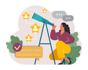 New customers search. Character looking through spyglass. Business