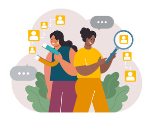 New customers search. Character looking through binoculars. Business