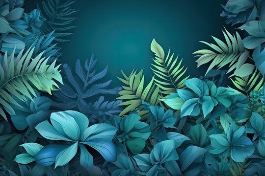 Tropical leafes on blue background