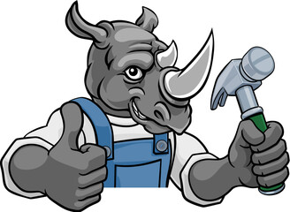 A rhino cartoon animal mascot carpenter or handyman builder construction maintenance contractor peeking around a sign holding a hammer