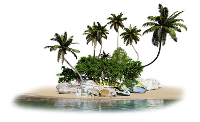 PNG small island with tropical tree, 3d illustration rendering
