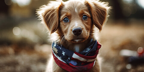 dog with American flag, USA independence day concept, panoramic image. Generative Ai - obrazy, fototapety, plakaty