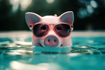 piggy bank in pool, saving money for vacation time. Generative Ai - obrazy, fototapety, plakaty