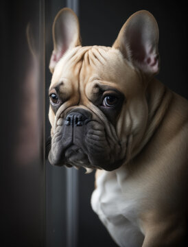 closeup portrait of a sad french bulldog near window. AI generative