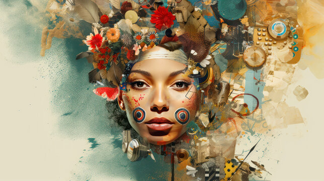 Abstract Collage. Dive into a digital wonderland where myriad faces and textures blend with surreal elements, weaving a mesmerizing collage of dream and reality. Generative AI