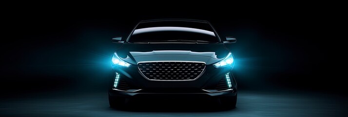 Banner black car with lighted lights on black background. Generative ai