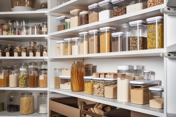 a well-organized pantry with labeled and dated food packages visible, created with generative ai - obrazy, fototapety, plakaty