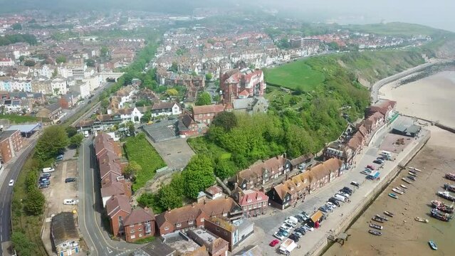 Aerial drone video of Folkestone, a coastal town in Kent England
