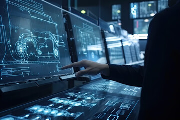 Engineer operator controls modern equipment at smart visual interface screen in factory, created with Generative AI