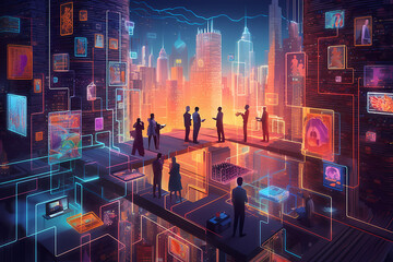 Futuristic business scene showcasing a diverse group of professionals collaborating with artificial intelligence to optimize workflow and analyze complex data. Illustration. Generative AI. - obrazy, fototapety, plakaty