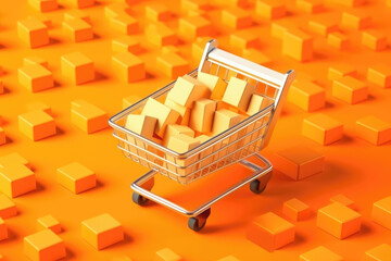 Digital Commerce Artistry: Geometric Illustration of a Shopping Cart Pattern on Vibrant Orange Background, Symbolizing E-commerce and Online Shopping. Generative AI