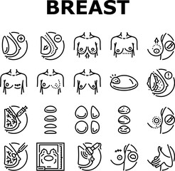 breast surgery body woman plastic icons set vector. beauty implant, medical skin, cosmetic female, health augmentation, chest silicone breast surgery body woman plastic black contour illustrations
