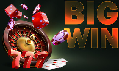 Vector gambling design .  Poker cards, dice, roulette wheel and playing chips on a dark background.  Game design, flyer, poster, banner, advertisement.Big win illustration casino.