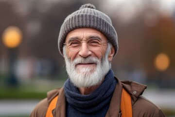 Medium shot portrait photography of a satisfied old man wearing a warm beanie or knit hat against a vibrant city park background. With generative AI technology