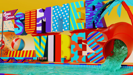 3d beatiful animation of a swimming pool with a water togoban, with summer vibes letters. Summer concept.