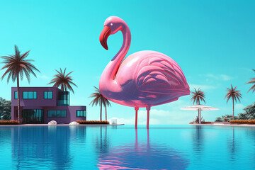 pink inflatable flamingo in pool, vacation concept. Generative Ai