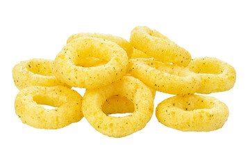 Crispy corn snack in the form of a ring, set. Traditional snack for beer. Isolated on white background.