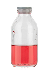 Started bottle with red syrup, medical drug. Isolated on white background