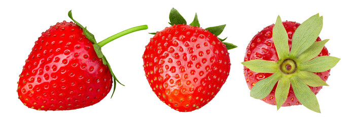 Red ripe strawberries with a green tail, set. Isolated on white background.
