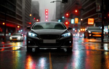 Fototapeta na wymiar Car in rain. Automobile on city street in rainy weather at night. Generative AI.
