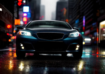Car in rain. Automobile on city street in rainy weather at night. Generative AI.