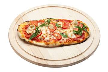 Delicious pizza served on wooden plate isolated on white background. Concept for advertising flyer and poster for restaurants or pizzerias, template with delicious taste of pepperoni.