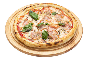 Delicious pizza with champignon mushrooms, ham, tomato sauce and mozzarella, isolated on white background.