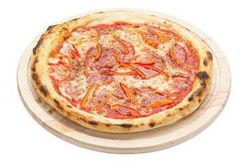 Delicious pizza served on wooden plate isolated on white background. File contains clipping path.