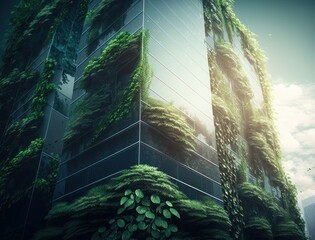 eco friendly office building with vertical garden in modern future city. Go green concept. AI generative