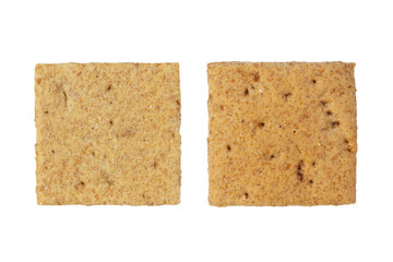 Two square crackers. Carbohydrate snack. Isolated on white background.