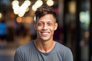 Fototapeta premium Close-up portrait photography of a grinning boy in his 30s wearing a casual t-shirt against a bustling cafe background. With generative AI technology